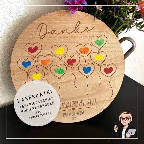 Abschieds-Holzschild mit Fingerabdrücken – Digitale Datei | Dankeschön für Erzieher, Lehrer & Tagesmütter