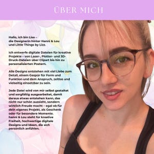 May include: A woman with glasses and text that reads "&Uuml;BER MICH" at the top. The text below introduces Lisa, the designer behind Hanni & Lou and Little Things by Lizz. The text describes the creation of digital files for creative projects.