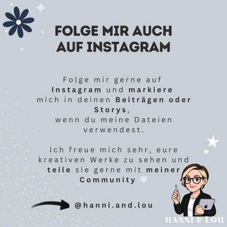 Puede incluir: Gr&aacute;fico gris claro con el texto "FOLGE MIR AUCH AUF INSTAGRAM". El texto anima a los usuarios a seguir en Instagram y compartir creaciones. Incluye una caricatura de una mujer con gafas y una tableta, y el identificador @hanni.and.lou.