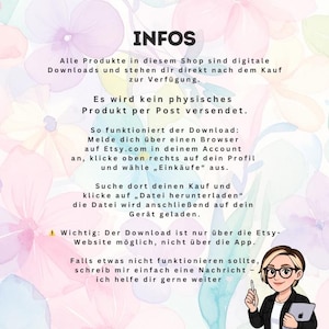 May include: A digital download information sheet with the title "INFOS" in a black font. The text explains the digital download process, including how to access the files after purchase on Etsy. A cartoon image of a woman holding a tablet is in the bottom right corner.