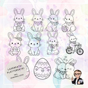 Op de afbeelding: Illustraties met Pasen als thema, met cartoonkonijntjes met bloemenaccenten, bandana's en versierde eieren. Eén konijn fietst. De afbeelding bevat de tekst "LASERDATEI PLOTTERDATEI INKL. GEWERBELIZENZ".
