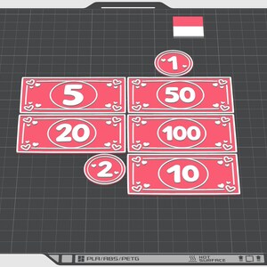 May include: A 3D-printed design featuring red currency notes and coins with white numbers and heart accents. Denominations include 1, 2, 5, 10, 20, 50, and 100. The design is on a textured black surface with the text "Bambu Textured PEI Plate".