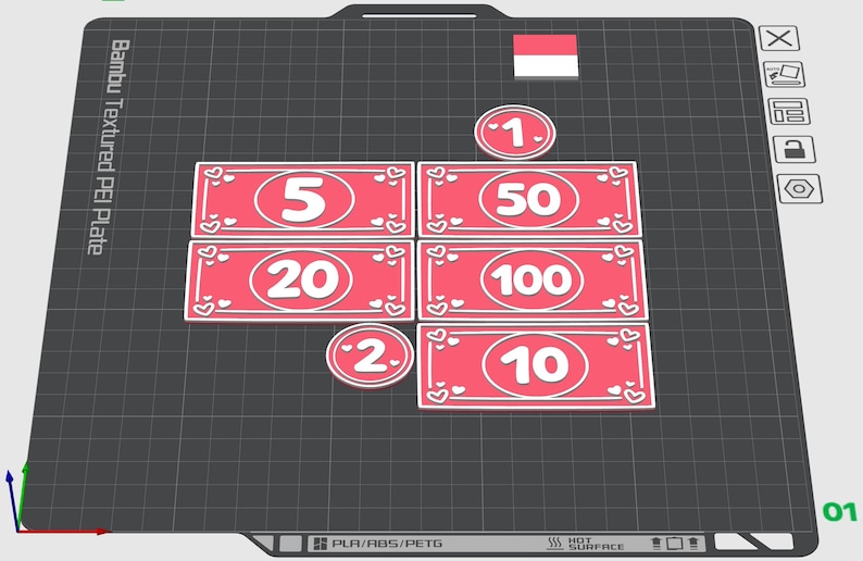 May include: A 3D-printed design featuring red currency notes and coins with white numbers and heart accents. Denominations include 1, 2, 5, 10, 20, 50, and 100. The design is on a textured black surface with the text "Bambu Textured PEI Plate".
