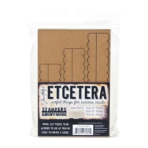 May include: A package of brown cardstock paper trims for crafting. The package contains ten 4-inch trims, ten 5-inch trims, and ten 6-inch trims. The trims are designed to be cut, altered, and stacked to create a ledge.