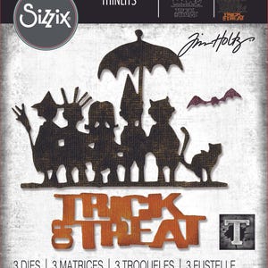 May include: A Sizzix Thinlits die set for Halloween crafting. The design features silhouettes of children trick-or-treating under an umbrella, a bat, and the words "Trick or Treat" in orange. The package includes 3 dies.