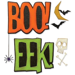 May include: A set of Halloween decorations featuring the words "BOO! EEK!" in orange, green, and black. The set also includes a crescent moon, bats, a skull, and crossbones.