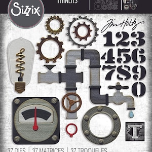 Könnte beinhalten: Ein Satz von 37 Metallmatrizen zum Basteln mit Designs im Steampunk-Stil. Die Matrizen umfassen Zahnräder, Rohre, eine Glühbirne, eine Anzeige, Zahlen und einen Wasserhahn. Die Matrizen sind für die Verwendung mit einer Stanzmaschine konzipiert.