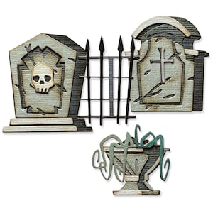 May include: A set of three Halloween decorations featuring a spooky graveyard scene. The set includes a tombstone with a skull, a tombstone with a cross, and a wrought iron fence. The decorations are made of wood and have a distressed finish.