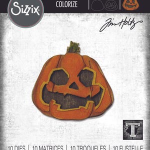 May include: Orange and yellow Thinlits die cut of a jack-o'-lantern with a smiling face. The Sizzix logo is in the upper left corner. The text "THINLITS COLORIZE" is above the jack-o'-lantern. The product includes 10 dies, 10 matrices, and 10 troqueles.