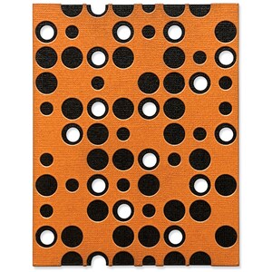 May include: A brown textured background with a pattern of black and white circles of varying sizes.