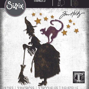 May include: Sizzix Thinlits die set featuring a witch with a cat and stars. The witch is holding a broom. The set includes 3 dies. The design is by Jim Holtz. The color scheme is black, brown, and gold.
