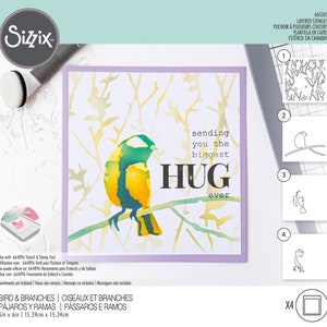 Pode incluir: Um conjunto de estênceis artesanais com um pássaro colorido empoleirado em um galho, com as palavras "sending you the biggest HUG ever". O conjunto inclui estênceis em camadas e mede 15,24 cm x 15,24 cm.