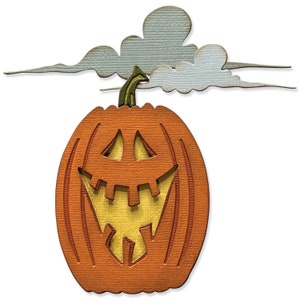 May include: A carved wooden pumpkin with a spooky face and a cloud above it. The pumpkin is orange with a green stem and the cloud is grey.