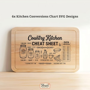 May include: A rectangular wooden cutting board featuring a black laser-engraved Country Kitchen Cheat Sheet. The design includes illustrations of jars, a syrup bottle, measuring spoons, and text detailing volume conversions and oven temperatures.
