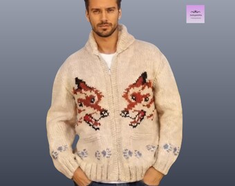 Men’s Wolf Knit Cardigan Zip Up Sweater Jacket