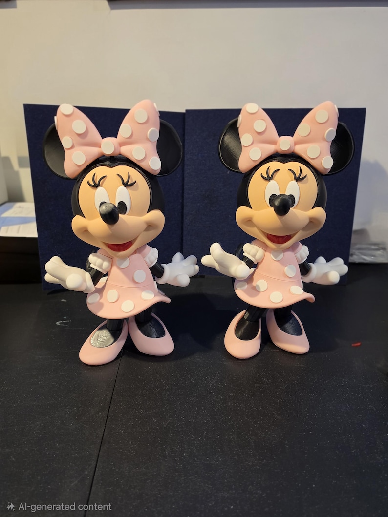 Pu&ograve; includere: Due statuette di Minnie Mouse. Ogni statuetta ha una testa nera con grandi orecchie, un fiocco rosa a pois bianchi e un vestito rosa a pois bianchi. Le statuette sono in piedi con le braccia tese e indossano scarpe rosa.