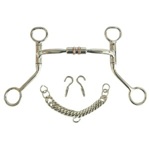 May include: A silver-coloured metal horse bit with a curved mouthpiece featuring two copper-coloured rings in the centre. The bit includes two side shanks with rings at the top and bottom, a separate metal curb chain, and two small metal curb hooks.
