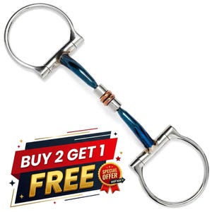 May include: A horse bit featuring two silver-coloured D-rings connected by a blue-coated metal mouthpiece with a central copper-coloured roller. The image includes a graphic overlay with the text BUY 2 GET 1 FREE and a badge labelled SPECIAL OFFER.