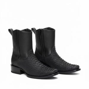 New Men's Black Python Western Boots, Handmade Exotic Leather Biker Boots
