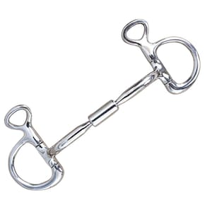 Peut inclure: Un mors de cheval en métal argenté doté d'une embouchure articulée cylindrique centrale et de deux anneaux en forme de D de chaque côté. La pièce est polie et lisse, avec de petits anneaux au sommet de chaque anneau en D pour la fixation.