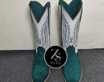 Handmade Green Suede Leather Cowboy Boots Square Toe Western Pull On Boots