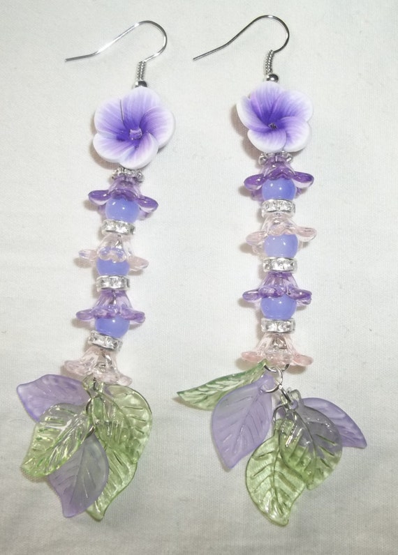 Beautiful Dangling Earrings Purple Polymer Flowers Pink Etsy