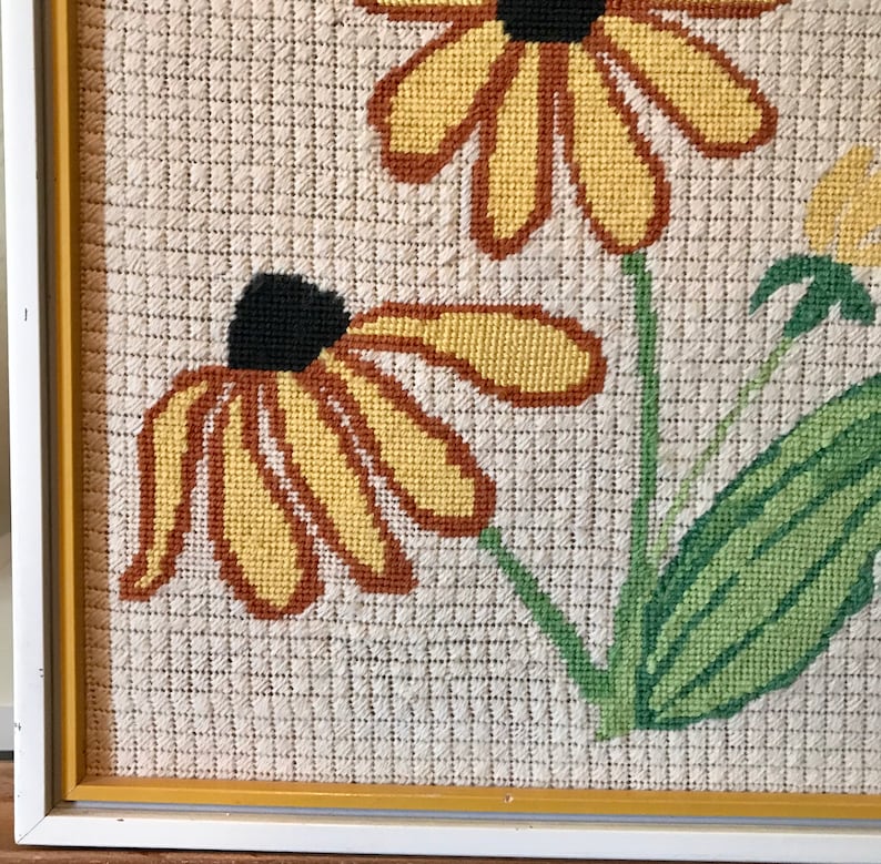 Vintage Black-Eyed Susan Flower Needlepoint in White Frame 17 34 x 16 34 Yellow Flower