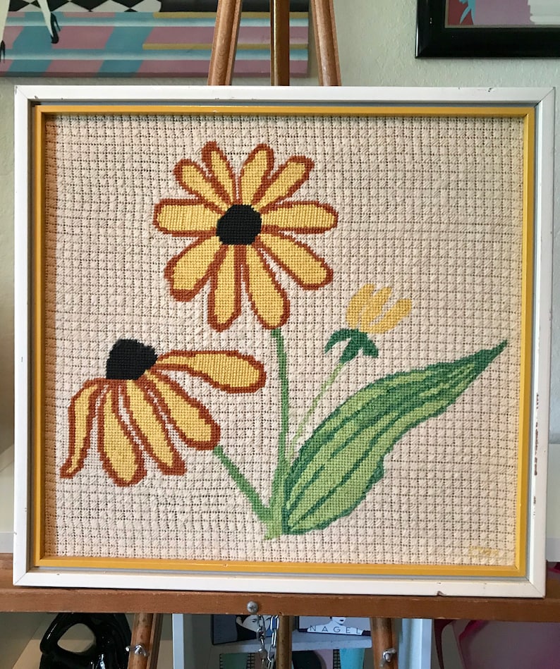 Vintage Black-Eyed Susan Flower Needlepoint in White Frame 17 34 x 16 34 Yellow Flower