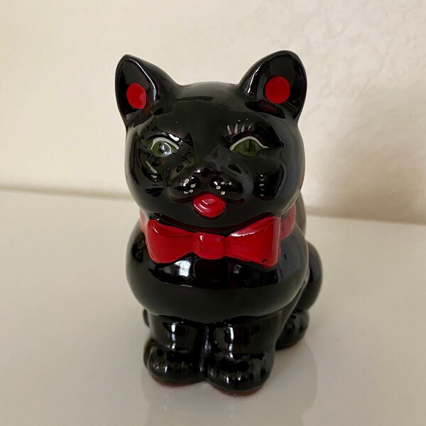Vintage Black Cat Planter Vase Ceramic Redware