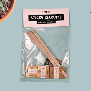 May include: A clear plastic bag containing a STEM kit labeled "STICKY CIRCUITS". The kit includes wooden components and small circuit elements. The text "Bright ideas start here" is also visible.