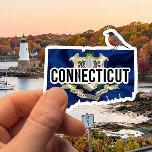 Może przedstawiać: Naklejka z flagą stanu Connecticut z białym napisem "CONNECTICUT". Mały ptak siedzi na naklejce. Tło przedstawia scenę nadmorską z latarnią morską, łodziami i kolorowymi jesiennymi liśćmi.