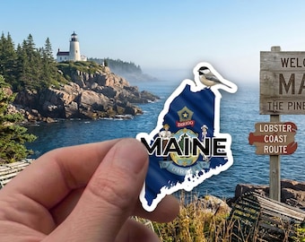 Maine State Sticker - Black-capped Chickadee & Flag Decal