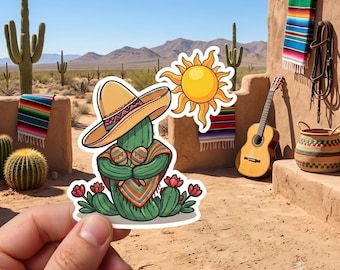 Fiesta Cactus Sticker Design, Cute Mexican Sombrero Cactus, Maracas Illustration Vinyl Decal, Fun Desert Art