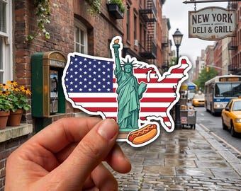 USA Map Sticker Design, American Flag Statue Of Liberty, Patriotic Hot Dog Illustration