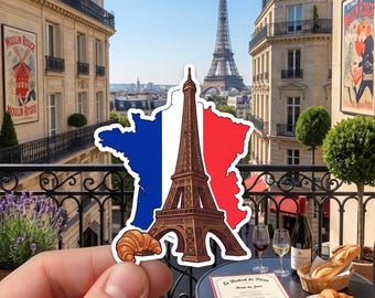 France Map Sticker Design, French Flag Eiffel Tower, Croissant Illustration Vinyl Decal, Paris Travel Art