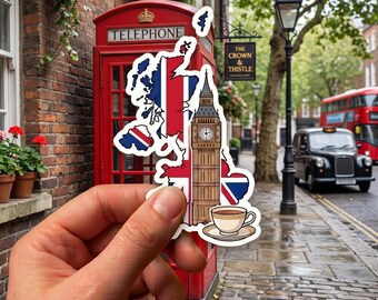 UK Map Sticker Design, British Flag Big Ben Illustration, Union Jack Tea Cup Decal, England Travel Art