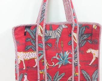 Quilted Cotton Tote Bag | Handmade Jungle Print Shopping Bag | Lightweight Eco Friendly Travel Jhola