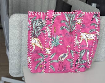 Quilted Cotton Tote Bag | Handmade Jungle Print Shopping Bag | Lightweight Eco Friendly Travel Jhola