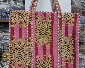 Quilted Cotton Tote Bag | Handmade Tiger Print Shopping Bag | Lightweight Eco Friendly Travel Jhola