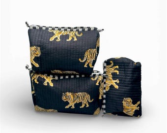 Quilted Cotton Makeup Bags – Set of 3 | Waterproof Travel Cosmetic Pouches