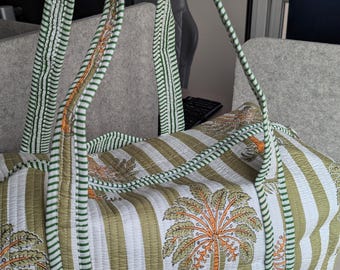 Handmade Cotton Travel Summer Duffle Bag, Palm Tree Print Weekender, Overnight Gym & Yoga Bag