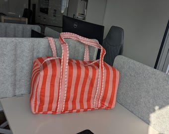 Handmade Quilted Cotton Travel Duffel Bag | Pink Coral Stripe | Lightweight Overnight & Everyday Shoulder Bag