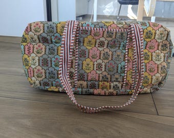 Handmade Cotton Travel Duffle Bag, Indian Block Print Floral Weekender, Overnight Gym & Yoga Bag