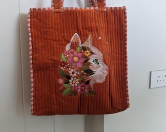 Floral Cat Embroidered Velvet Tote Quilted Handmade Statement Shoulder Bag