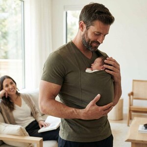 May include: An olive green t-shirt with a built-in baby carrier holding a sleeping infant. The carrier is integrated into the shirt's design. A person is holding the baby. A woman is sitting on a couch in the background.