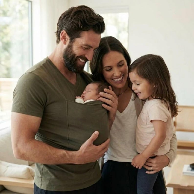 May include: A family of four smiles at the camera. The father wears an olive green v-neck shirt and holds a newborn baby in a dark green carrier. The mother wears a white v-neck shirt and a necklace. A young girl stands beside them.