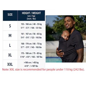 May include: A black baby carrier with a size chart. The chart lists sizes S to XXL, with corresponding height and weight in both centimeters/kilograms and inches/pounds. A person is holding a baby in the carrier.
