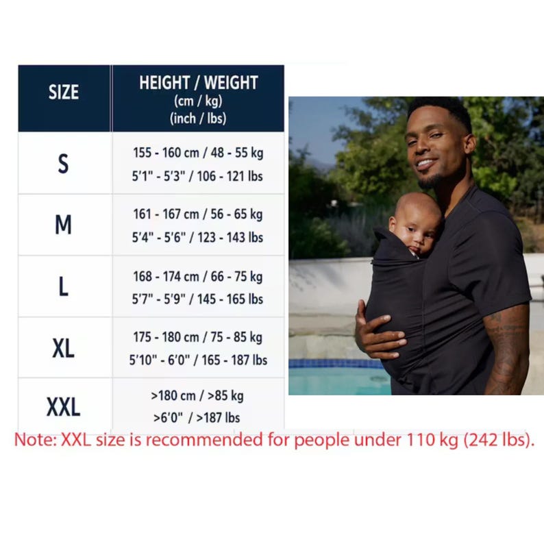 May include: A black baby carrier with a size chart. The chart lists sizes S to XXL, with corresponding height and weight in both centimeters/kilograms and inches/pounds. A person is holding a baby in the carrier.