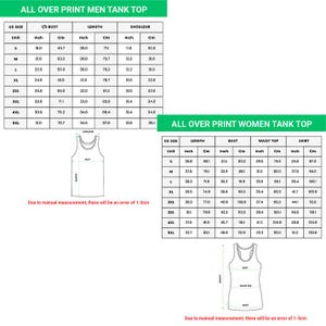 May include: A size chart for tank tops featuring two tables labeled ALL OVER PRINT MEN TANK TOP and ALL OVER PRINT WOMEN TANK TOP. The charts list US sizes from S to 5XL with measurements in inches and cm for bust, length, shoulder, waist, and skirt.