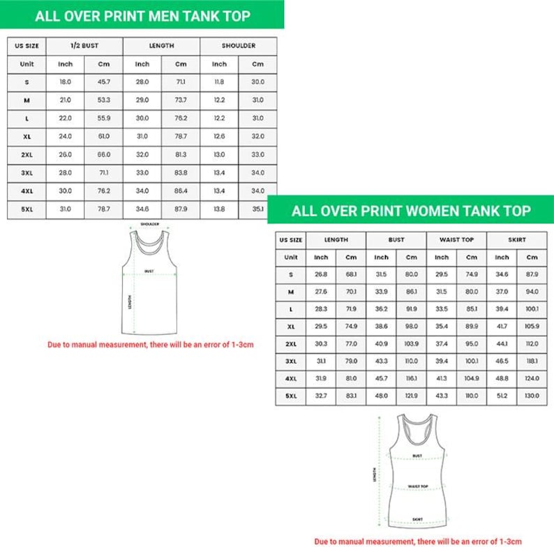 May include: A size chart for tank tops featuring two tables labeled ALL OVER PRINT MEN TANK TOP and ALL OVER PRINT WOMEN TANK TOP. The charts list US sizes from S to 5XL with measurements in inches and cm for bust, length, shoulder, waist, and skirt.